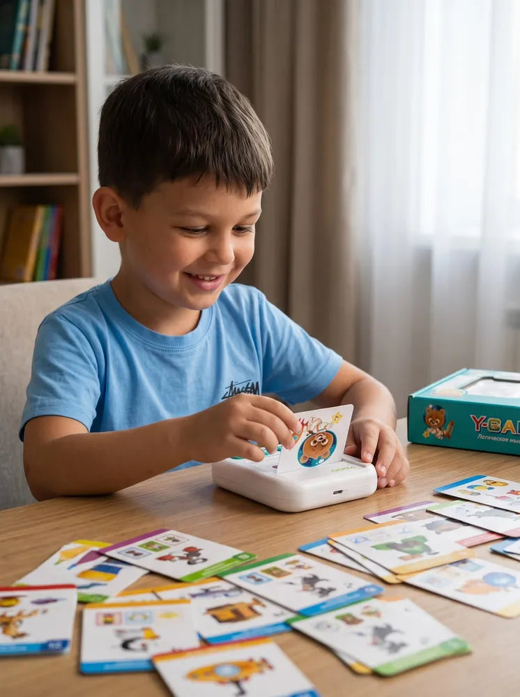 Educational tablet for children to develop logical thinking, includes cards