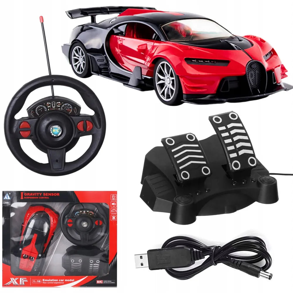 Radio-controlled car. Includes pedals and a steering wheel.