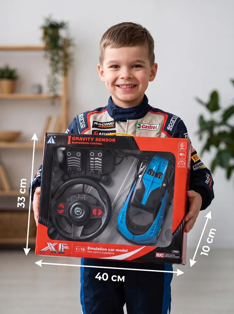 Radio-controlled car. Includes pedals and a steering wheel.