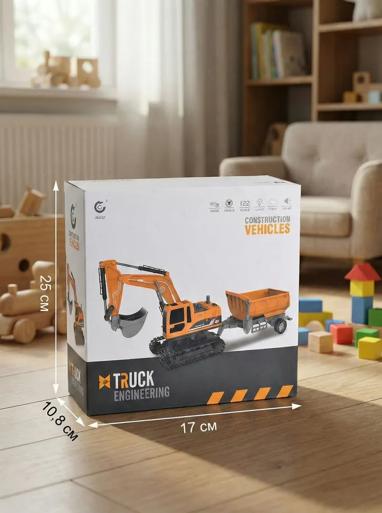 Radio-controlled toy excavator with a trailer