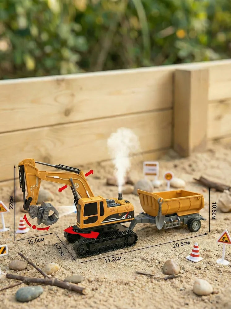 Radio-controlled toy excavator with a trailer