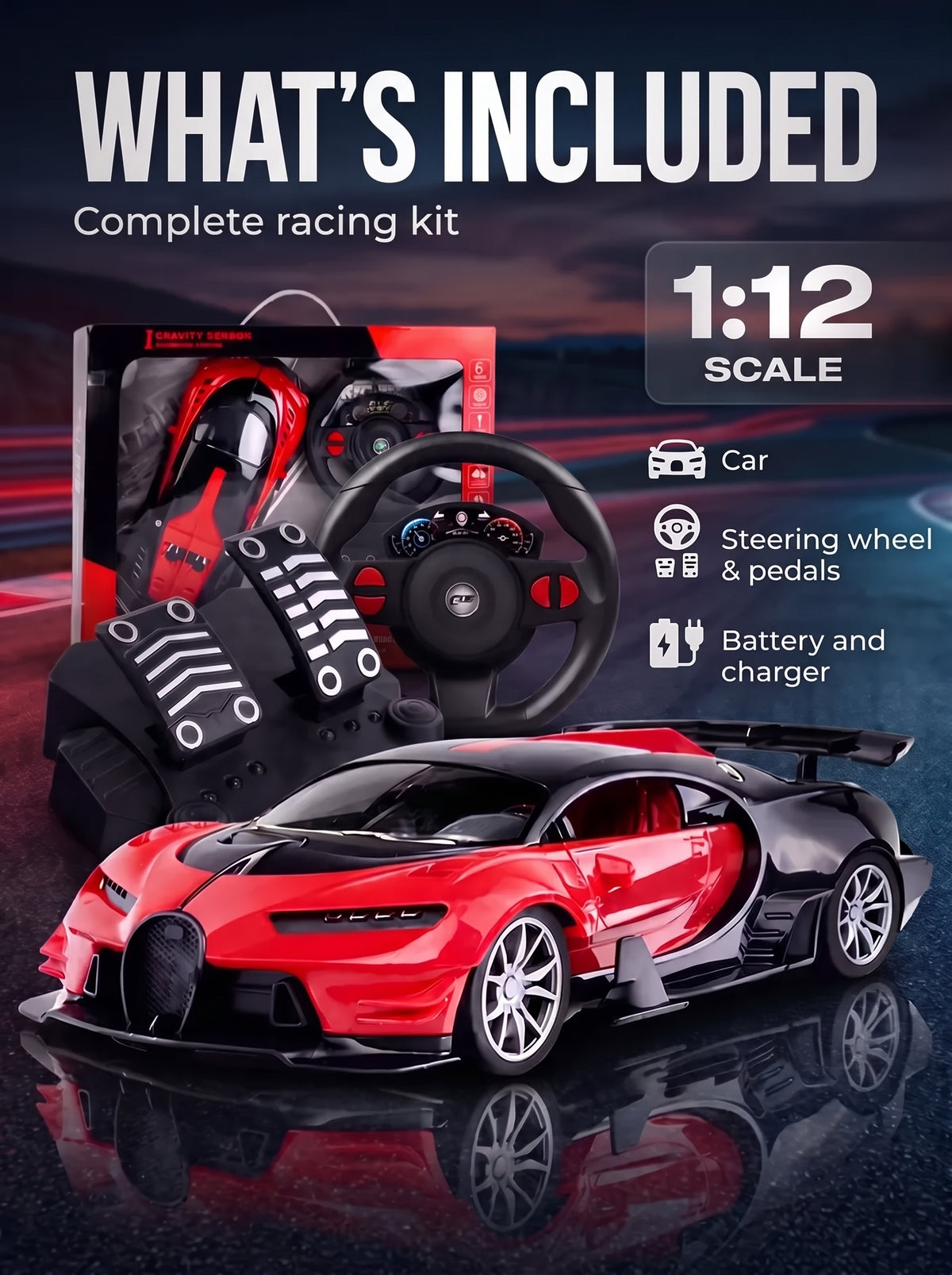 Radio-controlled car. Includes pedals and a steering wheel.