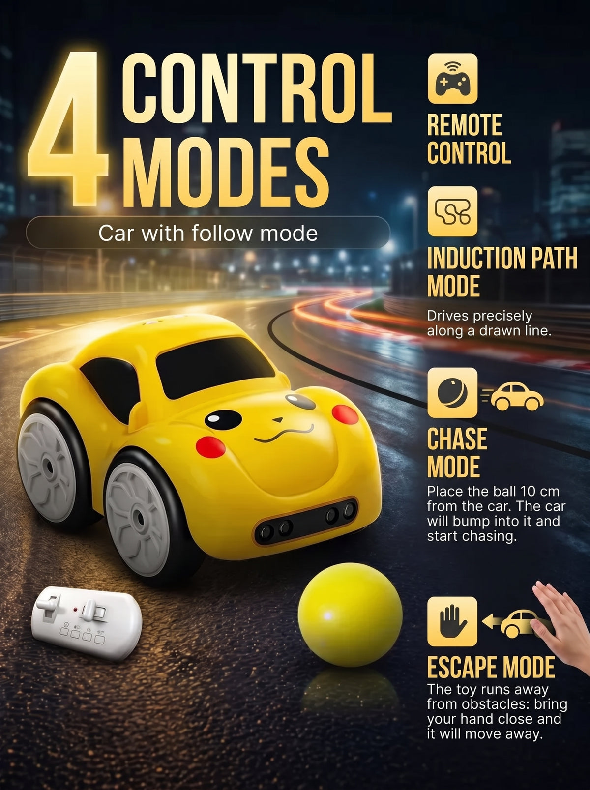 Interactive toy car for children with an induction-following mode