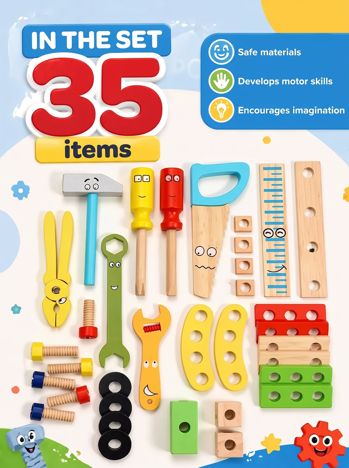 Wooden toy tools in a case