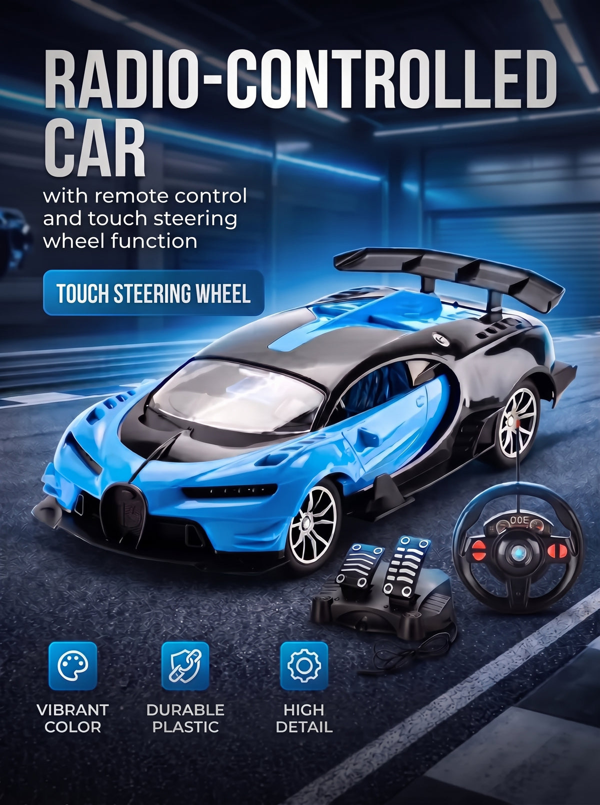 Radio-controlled car. Includes pedals and a steering wheel.