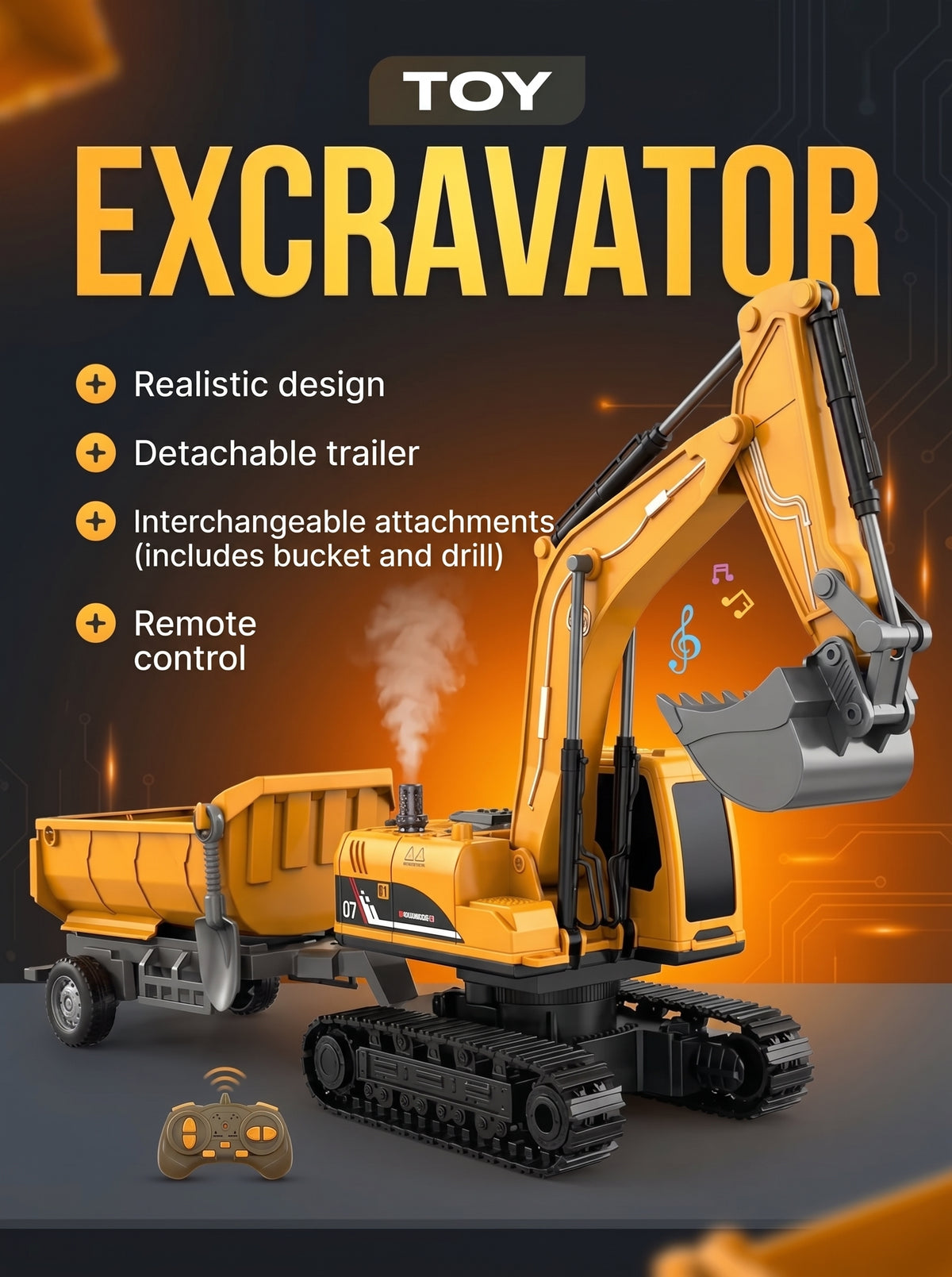 Radio-controlled toy excavator with a trailer