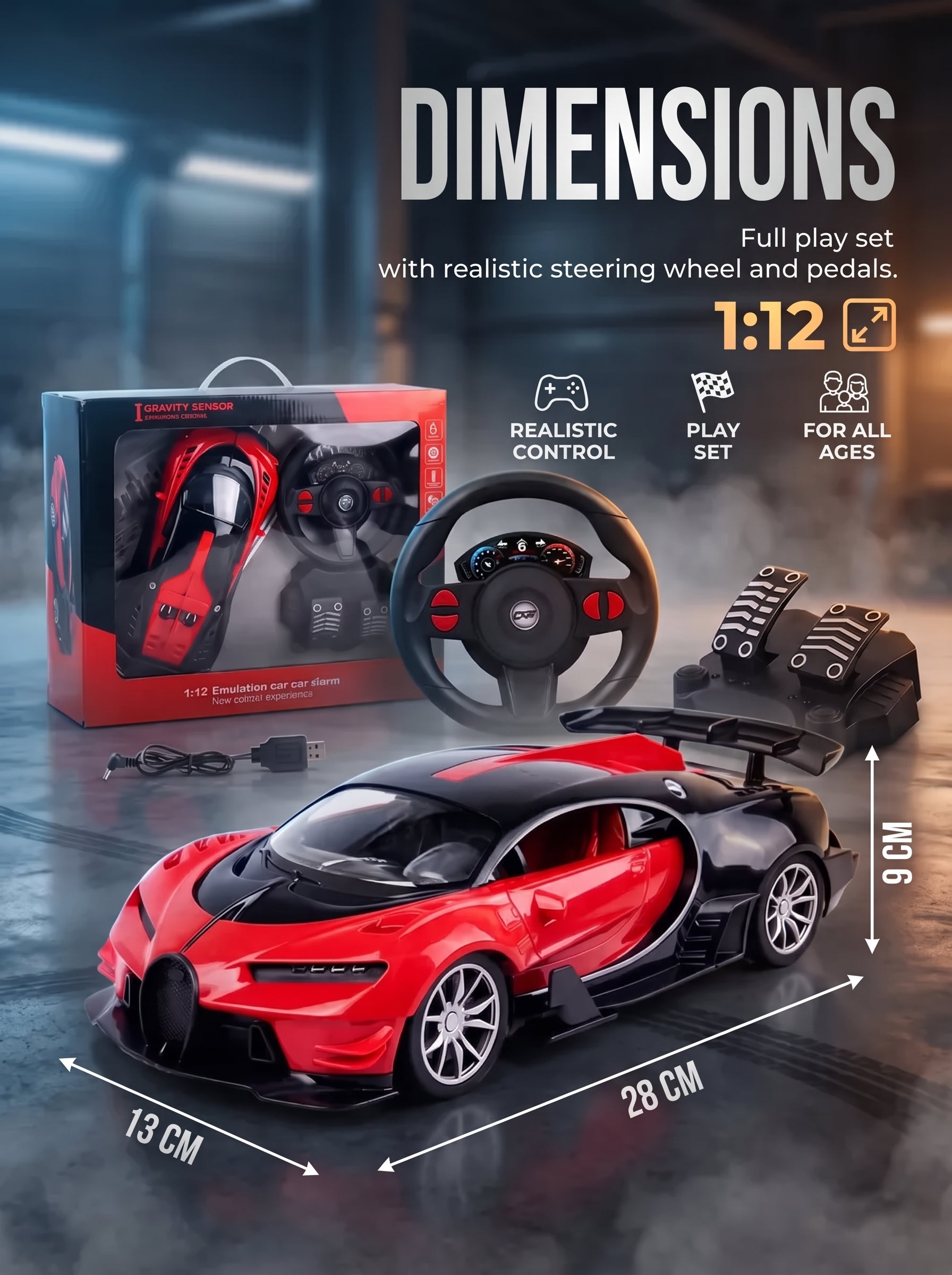Radio-controlled car. Includes pedals and a steering wheel.