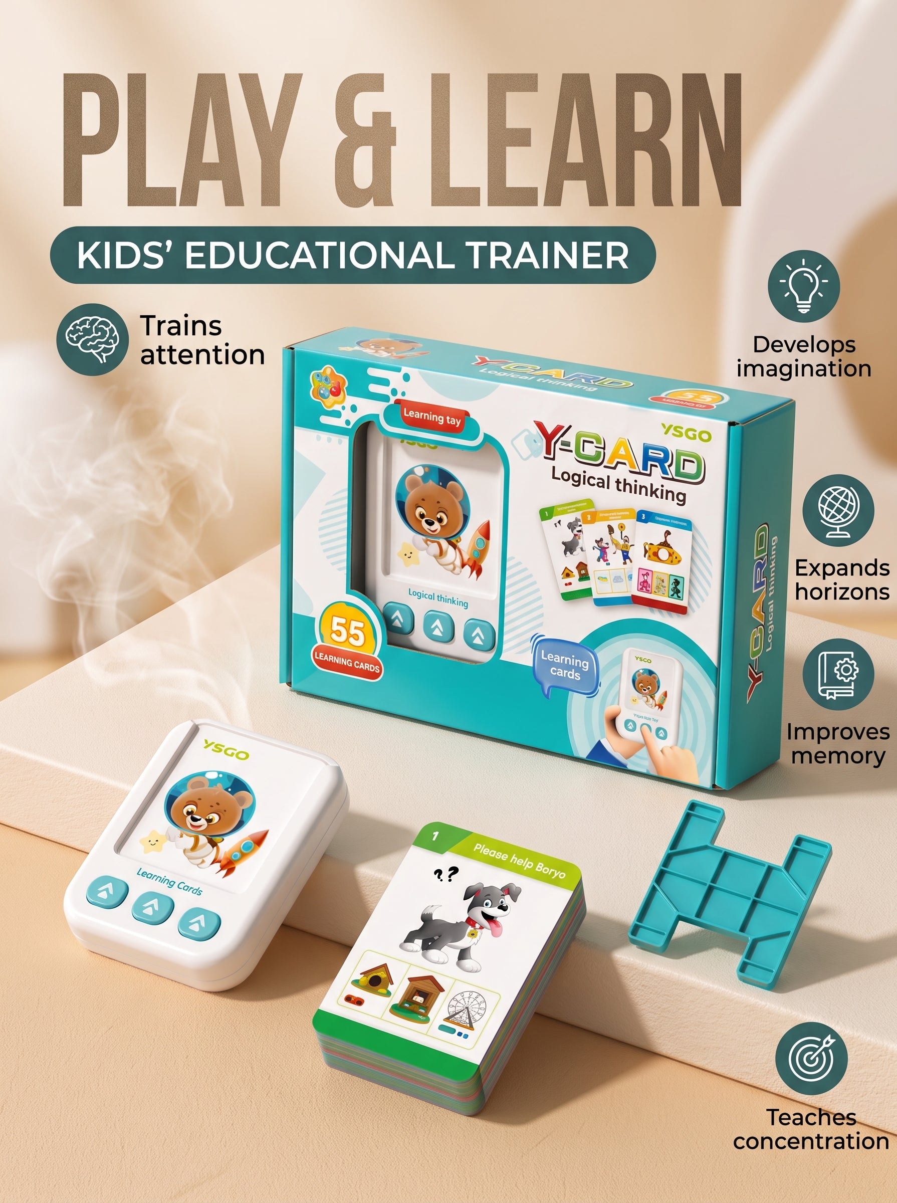 Educational tablet for children to develop logical thinking, includes cards