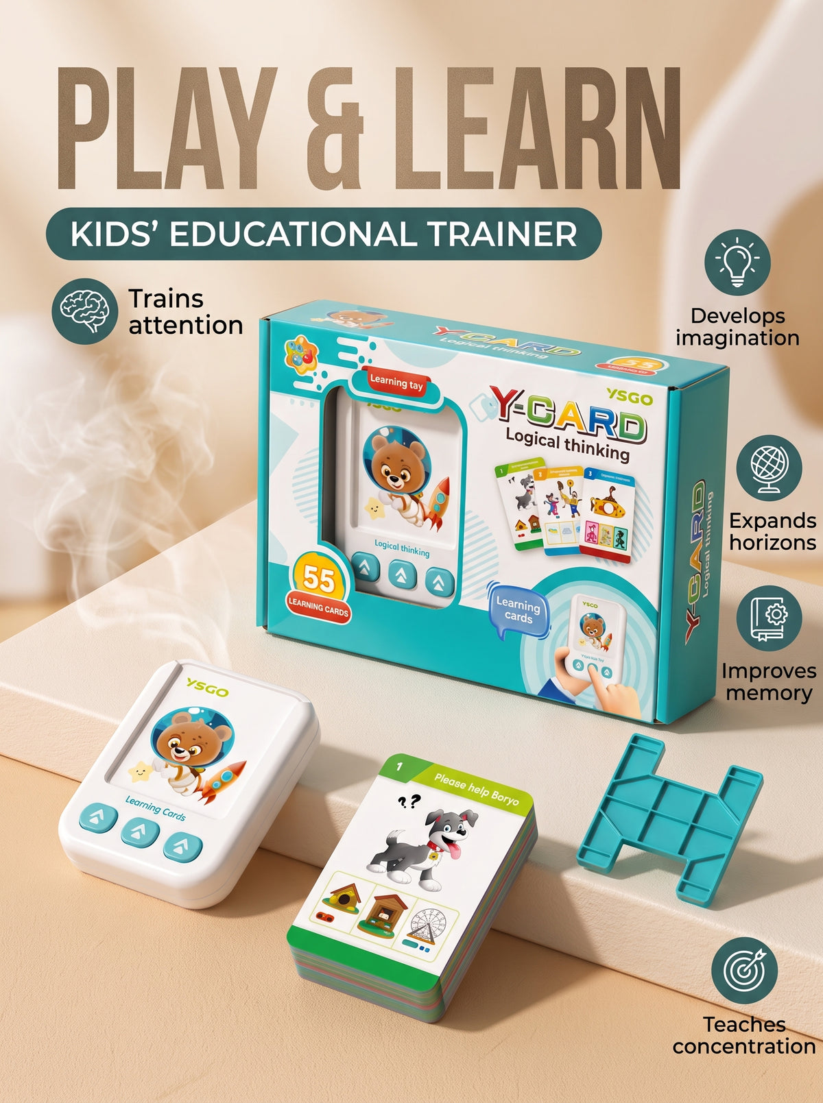 Educational tablet for children to develop logical thinking, includes cards