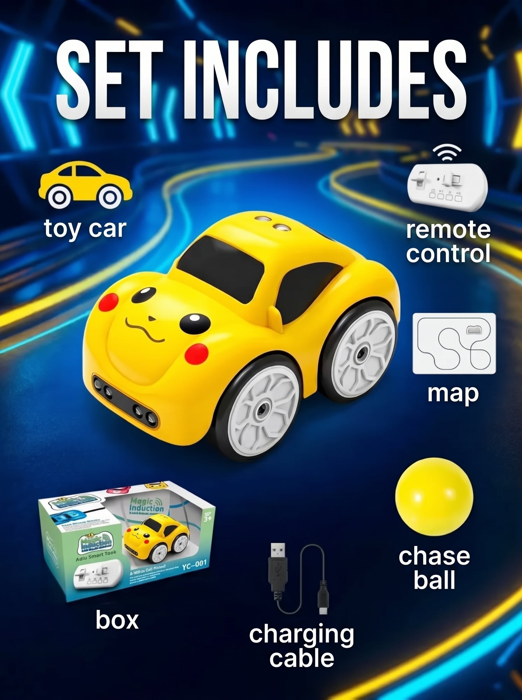 Interactive toy car for children with an induction-following mode