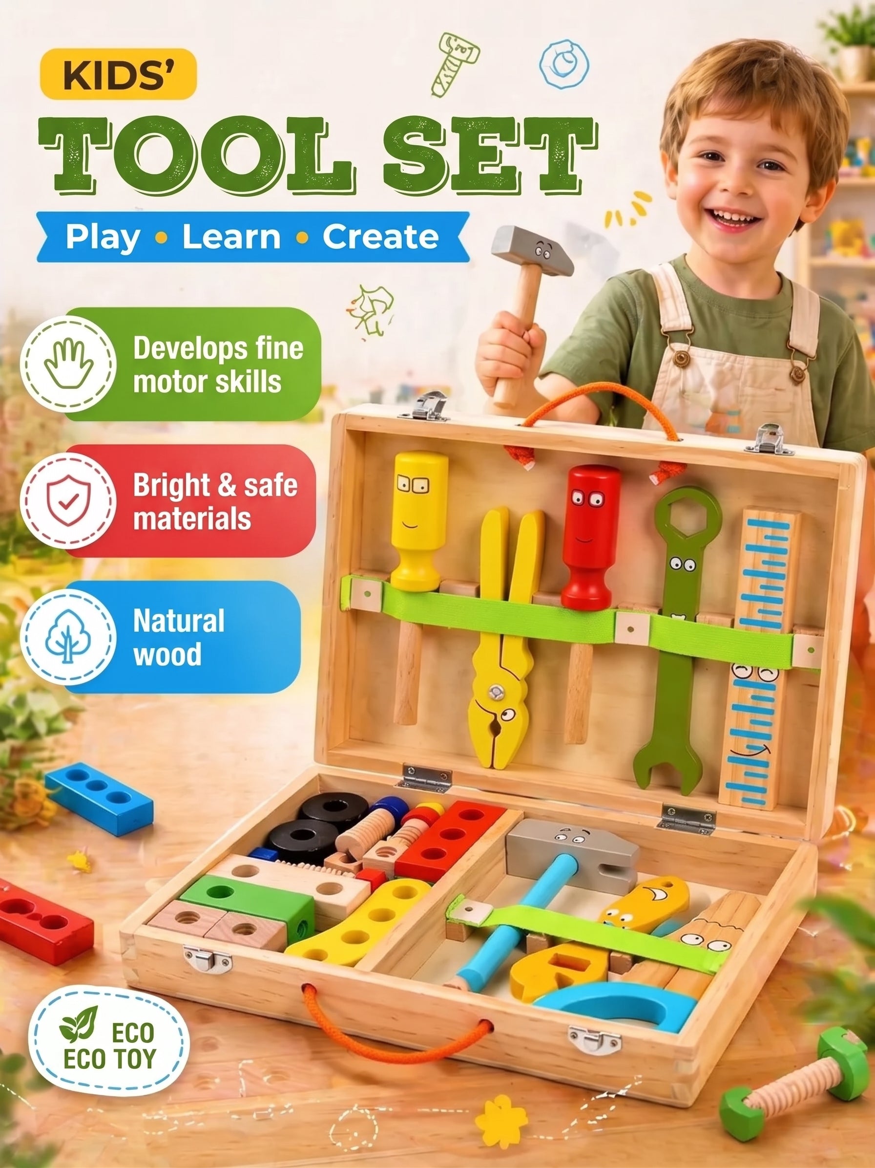 Wooden toy tools in a case