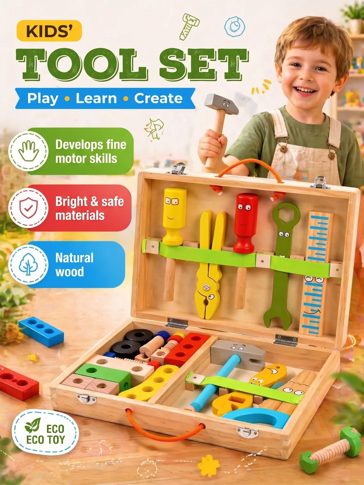 Wooden toy tools in a case