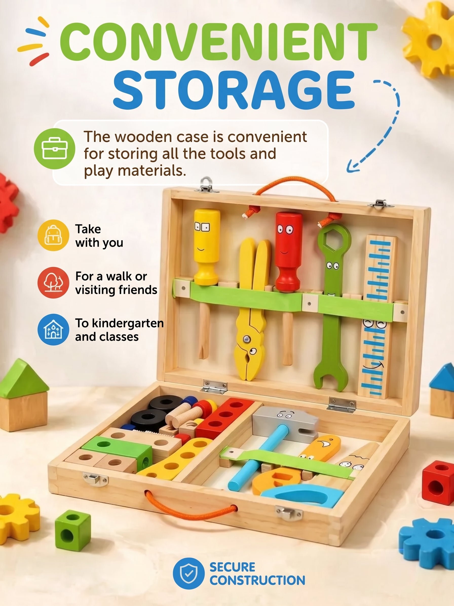 Wooden toy tools in a case
