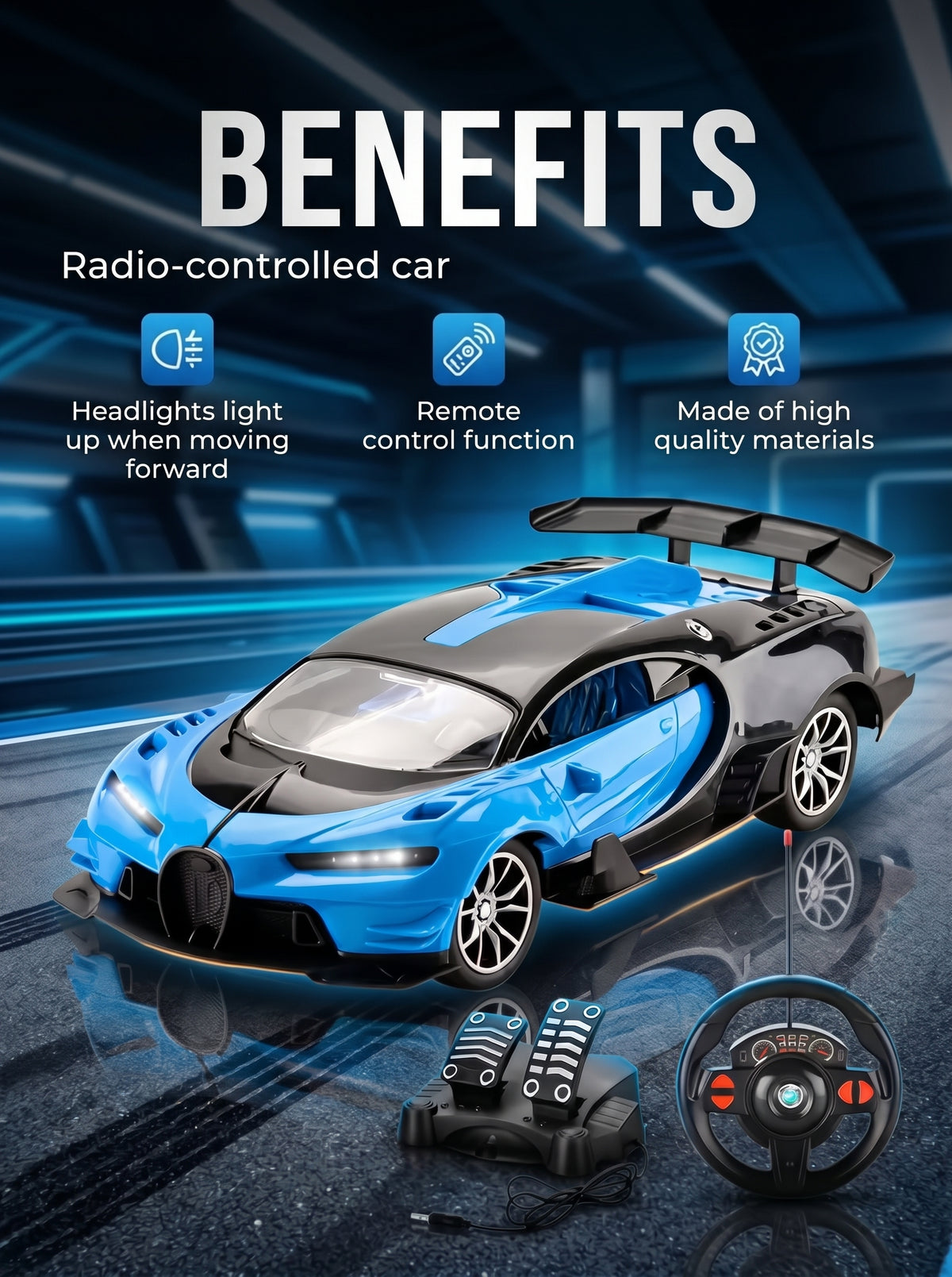 Radio-controlled car. Includes pedals and a steering wheel.