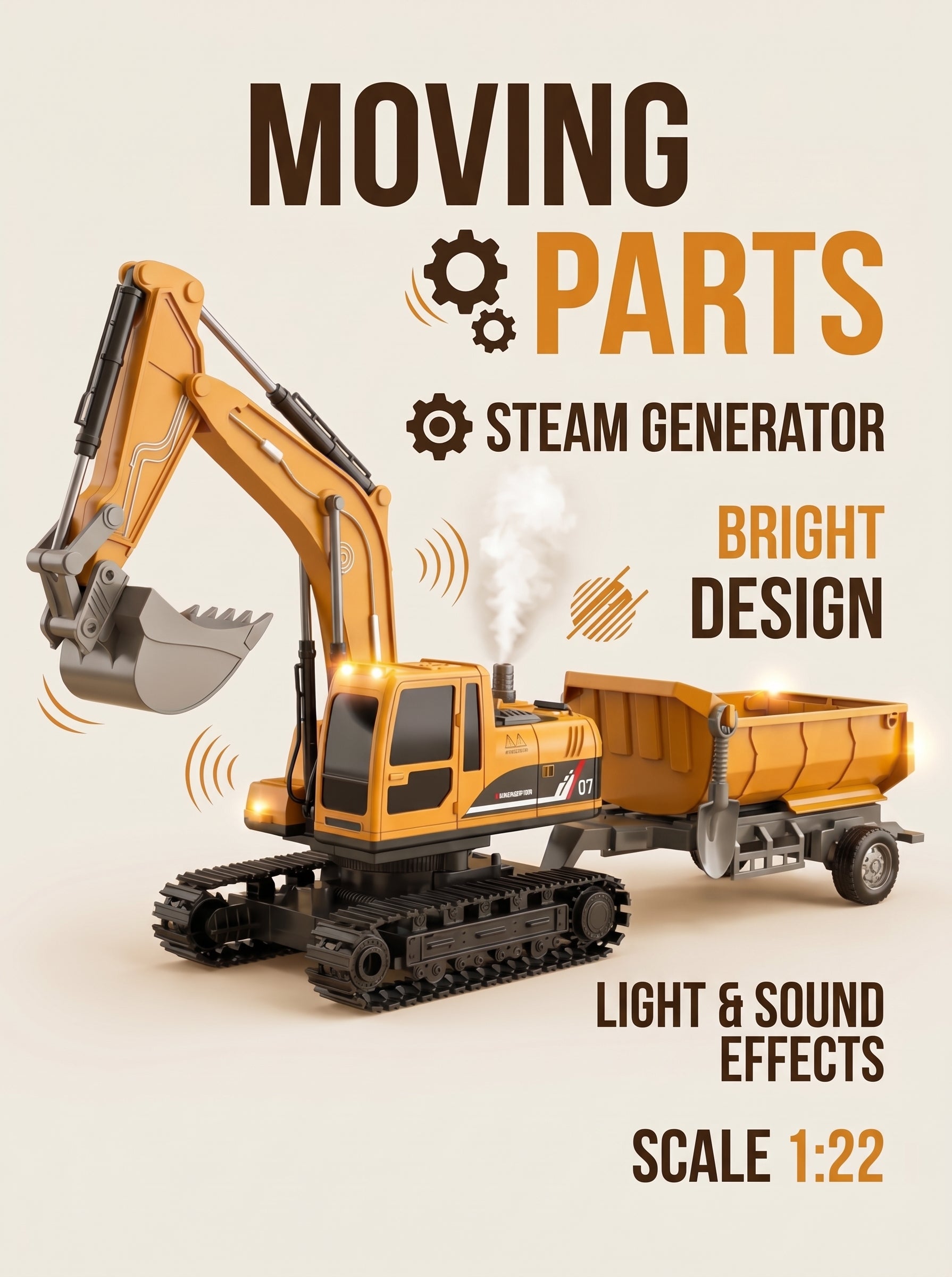Radio-controlled toy excavator with a trailer