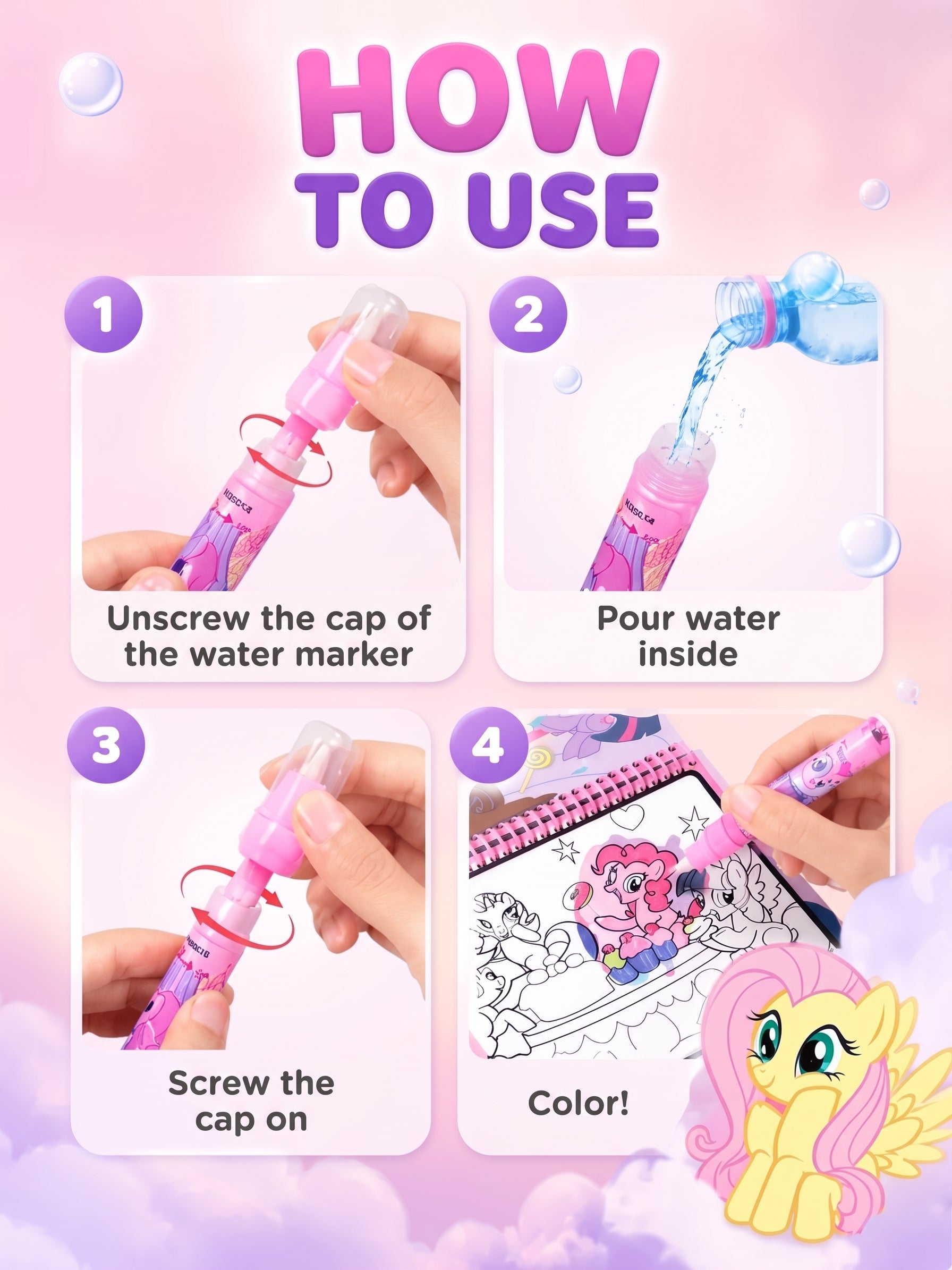 Water coloring book for kids Pony